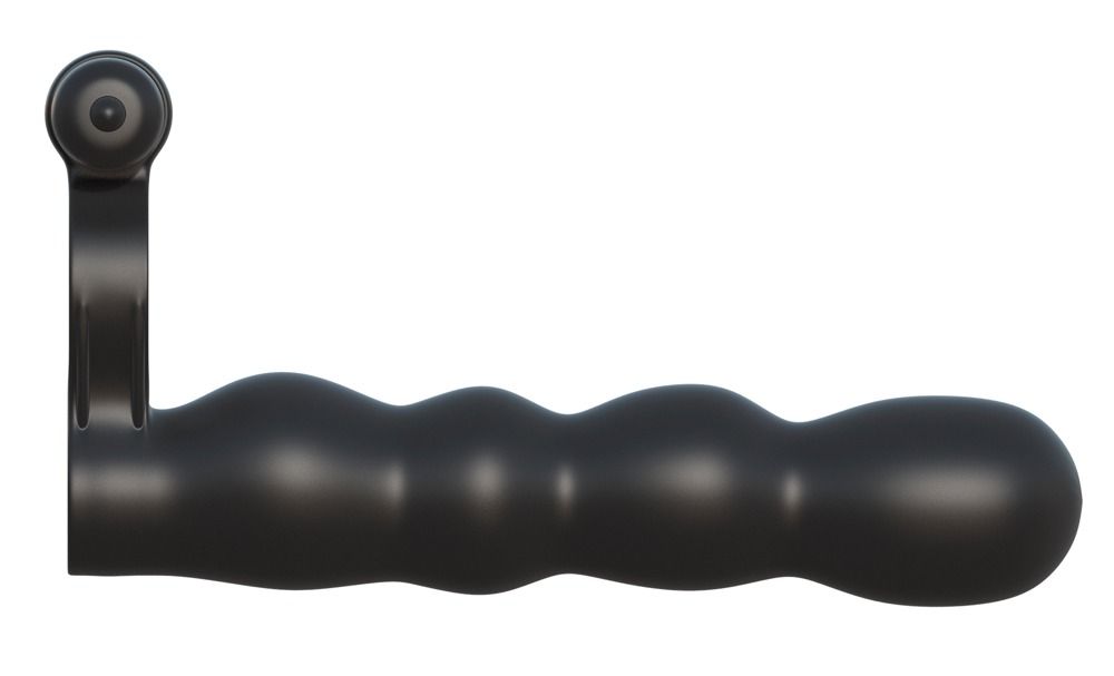Zijaanzicht van een zwarte dubbele penetratiemassager ring met parelachtige schacht.