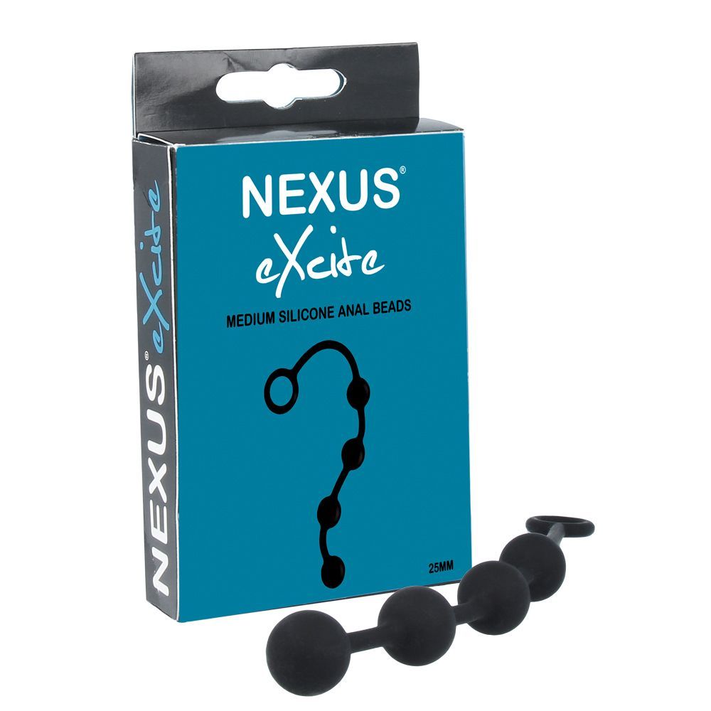 Productverpakking met afbeelding. Opschrift: NEXUS eXcite, Medium Silicone Anal Beads. Zwart product met vier bollen.