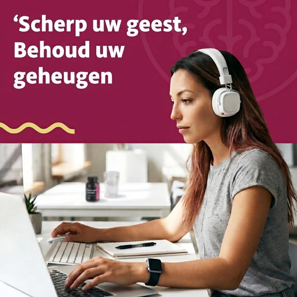 Vrouw met koptelefoon achter laptop, naast een pillendoosje.
