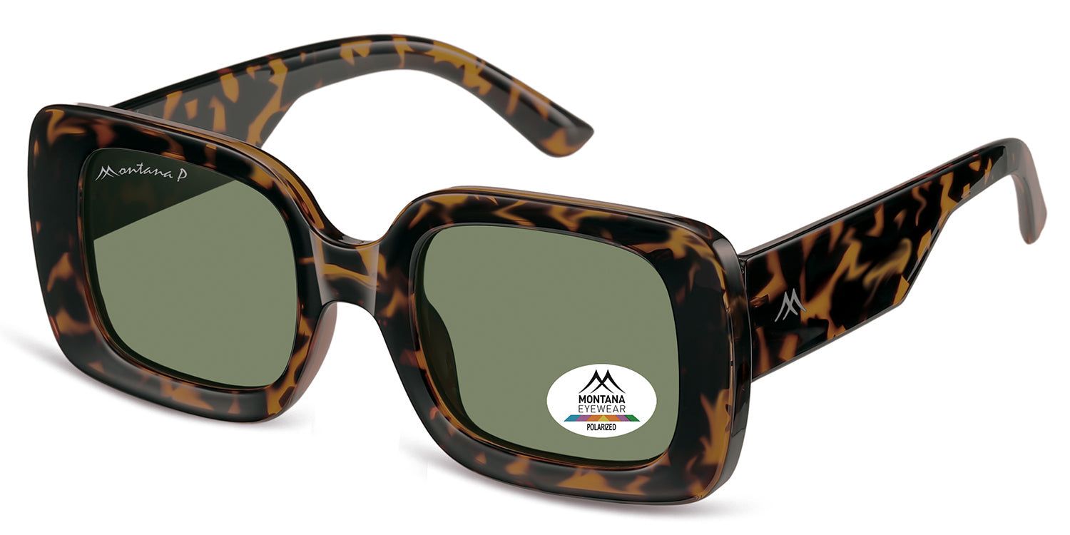 Lunettes de soleil à monture marron écaille et verres verts. Le logo est visible sur la branche et sur le verre.