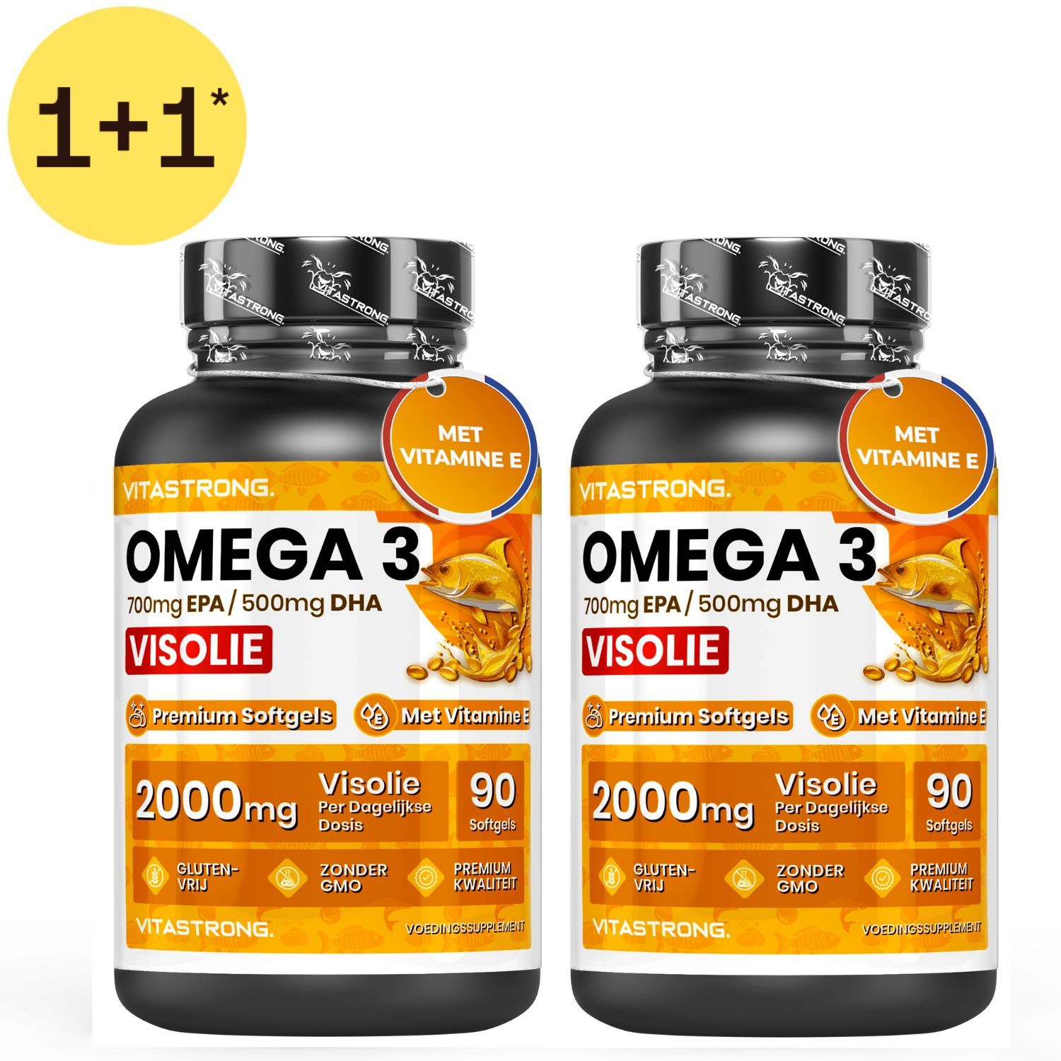 Twee flessen Vitastrong Omega 3 Visolie Premium Softgels met Vitamine E, 700mg EPA/500mg DHA.