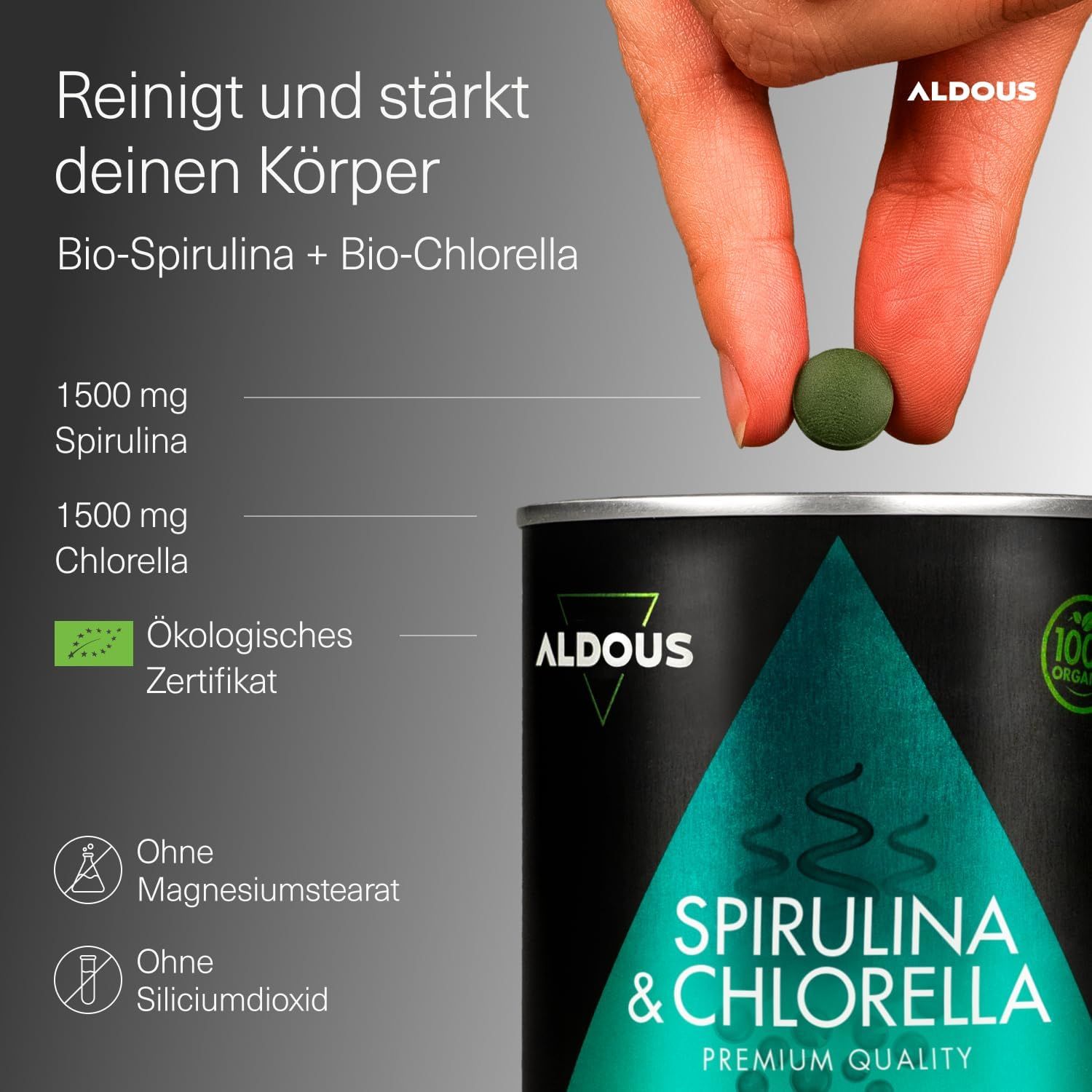 Aldous Spirulina + Chlorella Tabletten blik met 1500 mg spirulina en 100% biologisch certificaat.