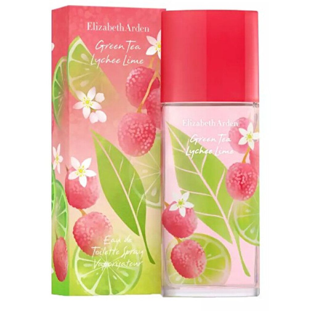 Flacon et emballage. Impression de fruits et de feuilles. Inscription : Green Tea Lychee Lime. Bouchon rouge.