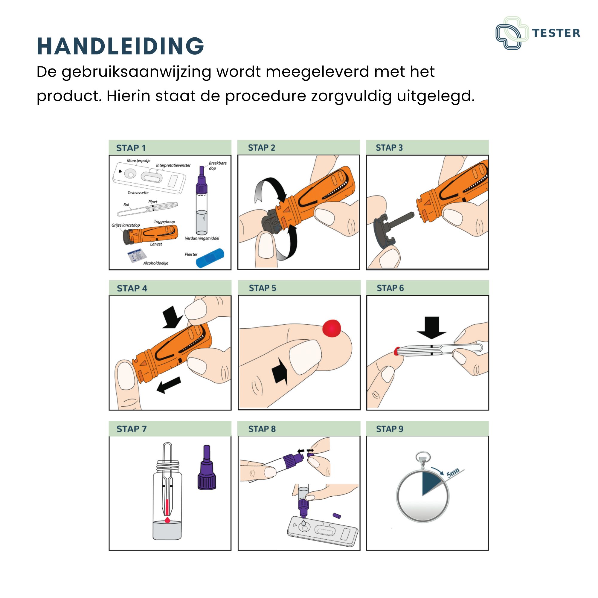 Instructions avec 9 étapes pour effectuer un test CRP. Les illustrations montrent les étapes.