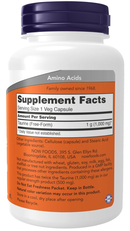 Dos du flacon. Contient des informations sur les ingrédients et les valeurs nutritionnelles. "NOW FOODS" et "Taurine".