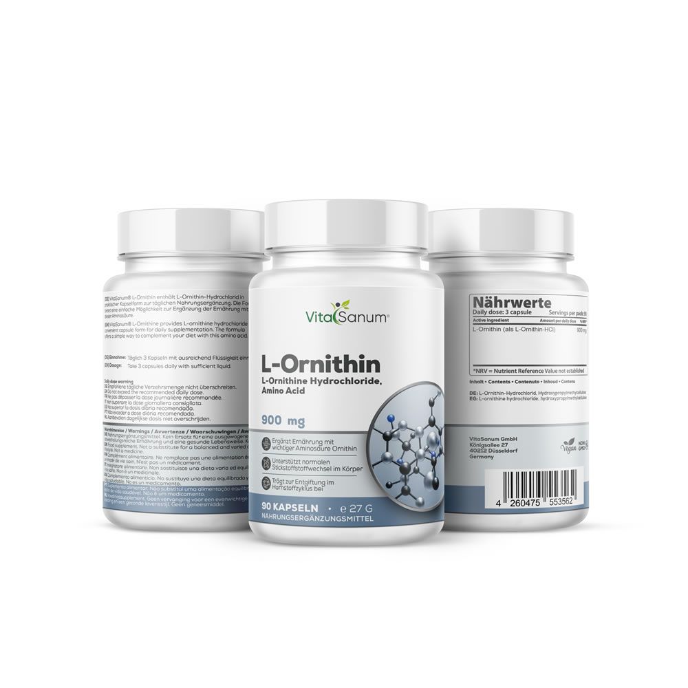 Trois flacons blancs avec étiquettes. Inscription : VitaSanum, L-Ornithine, 900 mg. 90 gélules. Complément alimentaire.