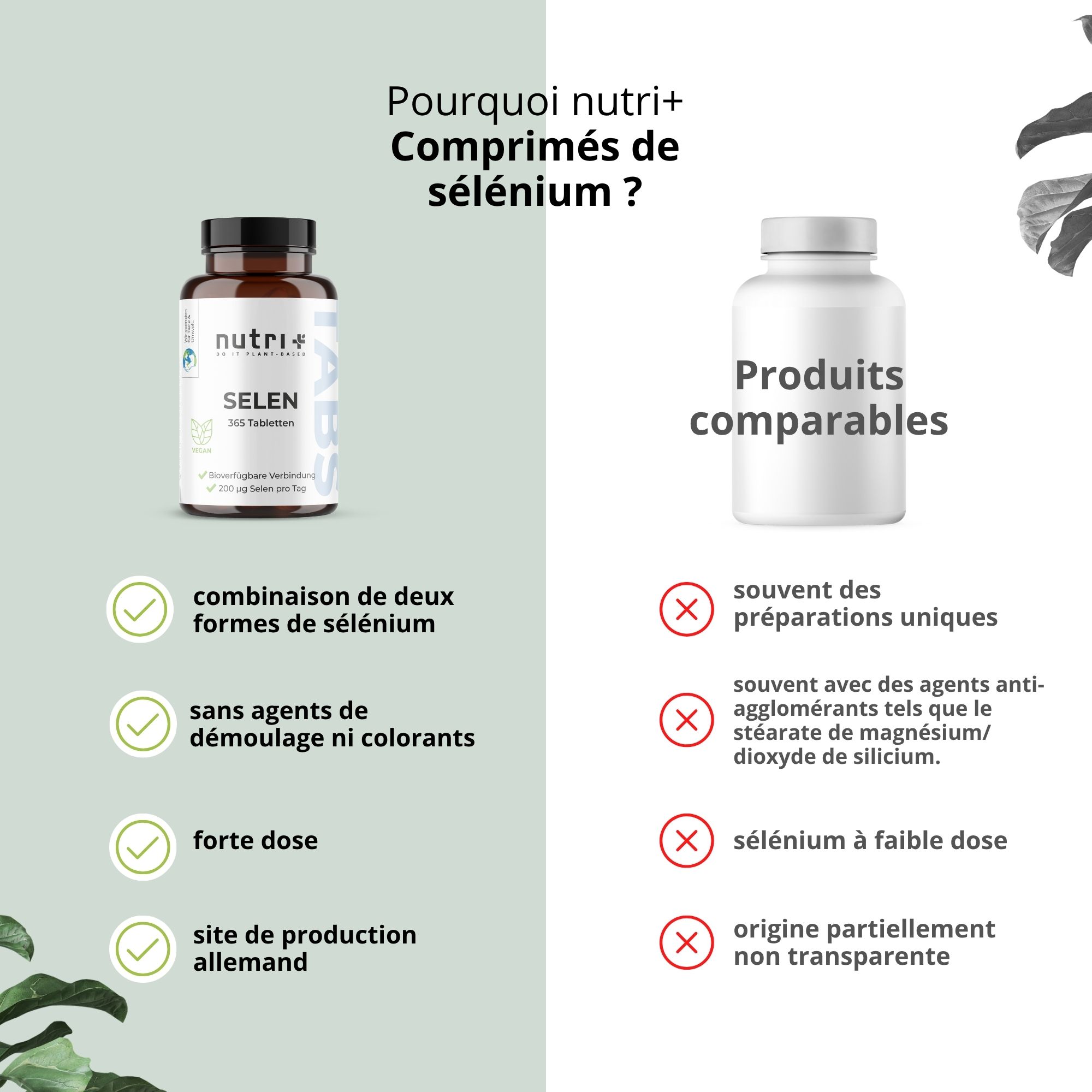 Comparaison: comprimés nutri+ Sélénium vs. produits comparables. Avantages: combinaison, sans additifs, dosage élevé.