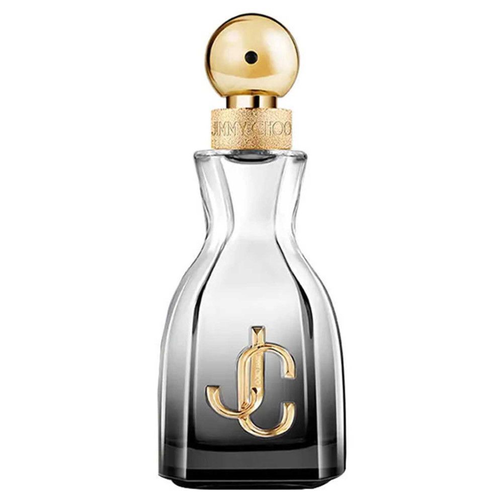 Flacon de parfum avec bouchon doré et logo. Flacon transparent avec dégradé de couleurs.