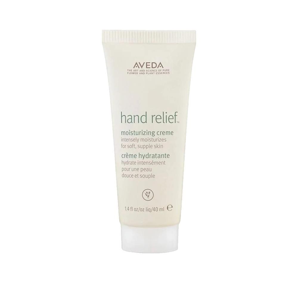 Lichtbeige crèmetube met witte dop. Tekst: Hand Relief, Aveda. Inhoud: 40 ml.