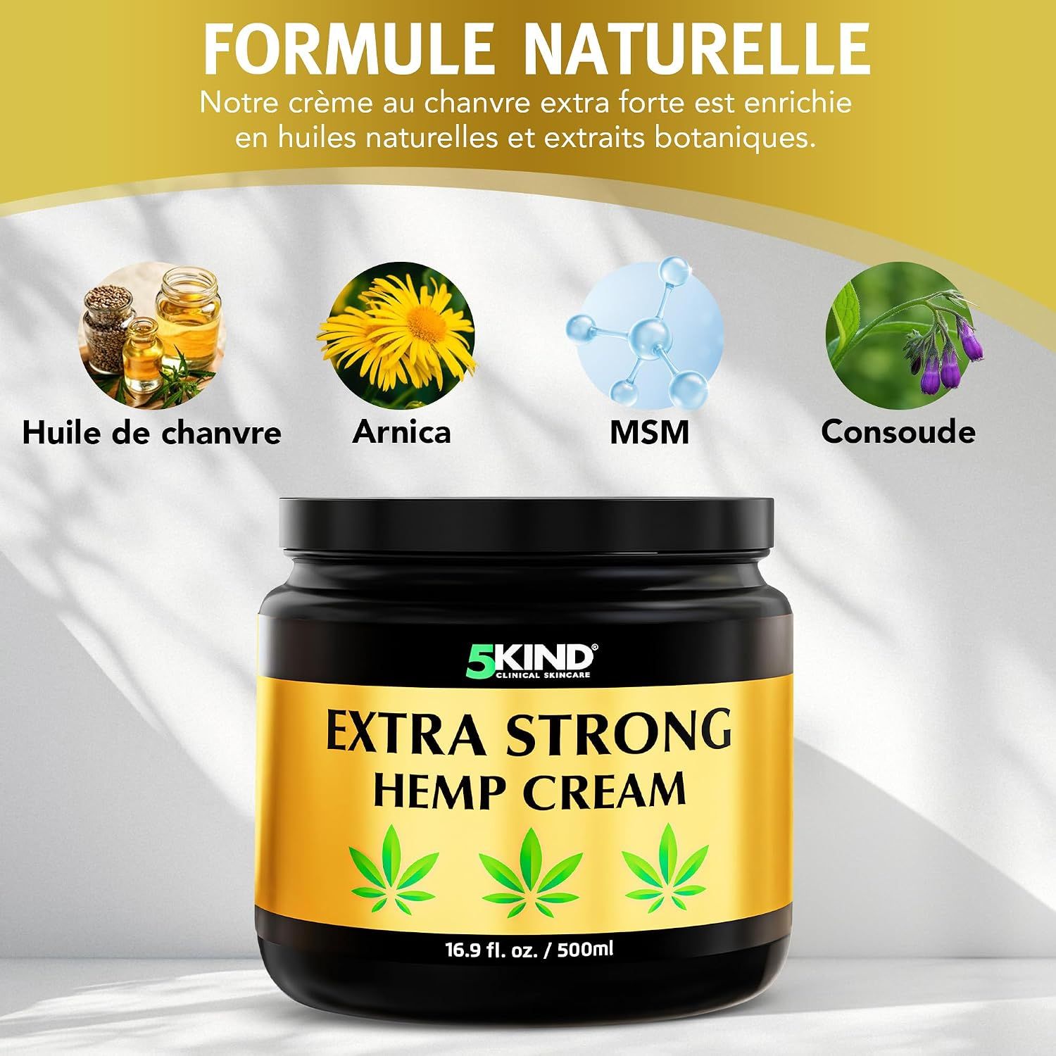 Pot de crème au chanvre 5Kind Extra Strong avec symboles : Huile de chanvre, Arnica, MSM, Consoude. Texte : Formule naturelle.