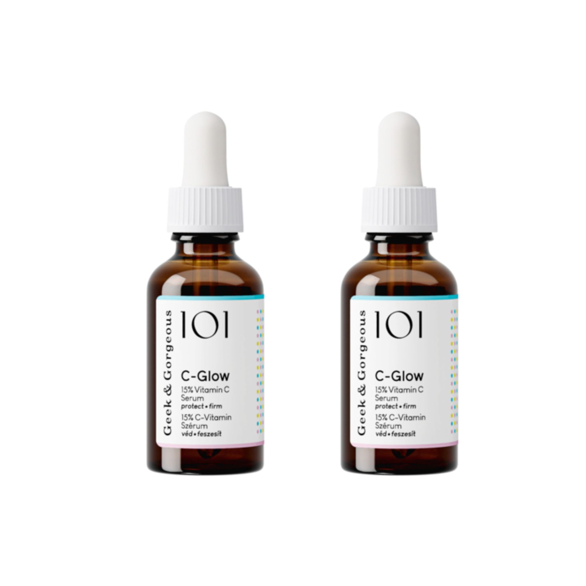 Twee bruine glazen flessen met pipetten. Labels tonen "C-Glow" en "15% Vitamin C Serum".