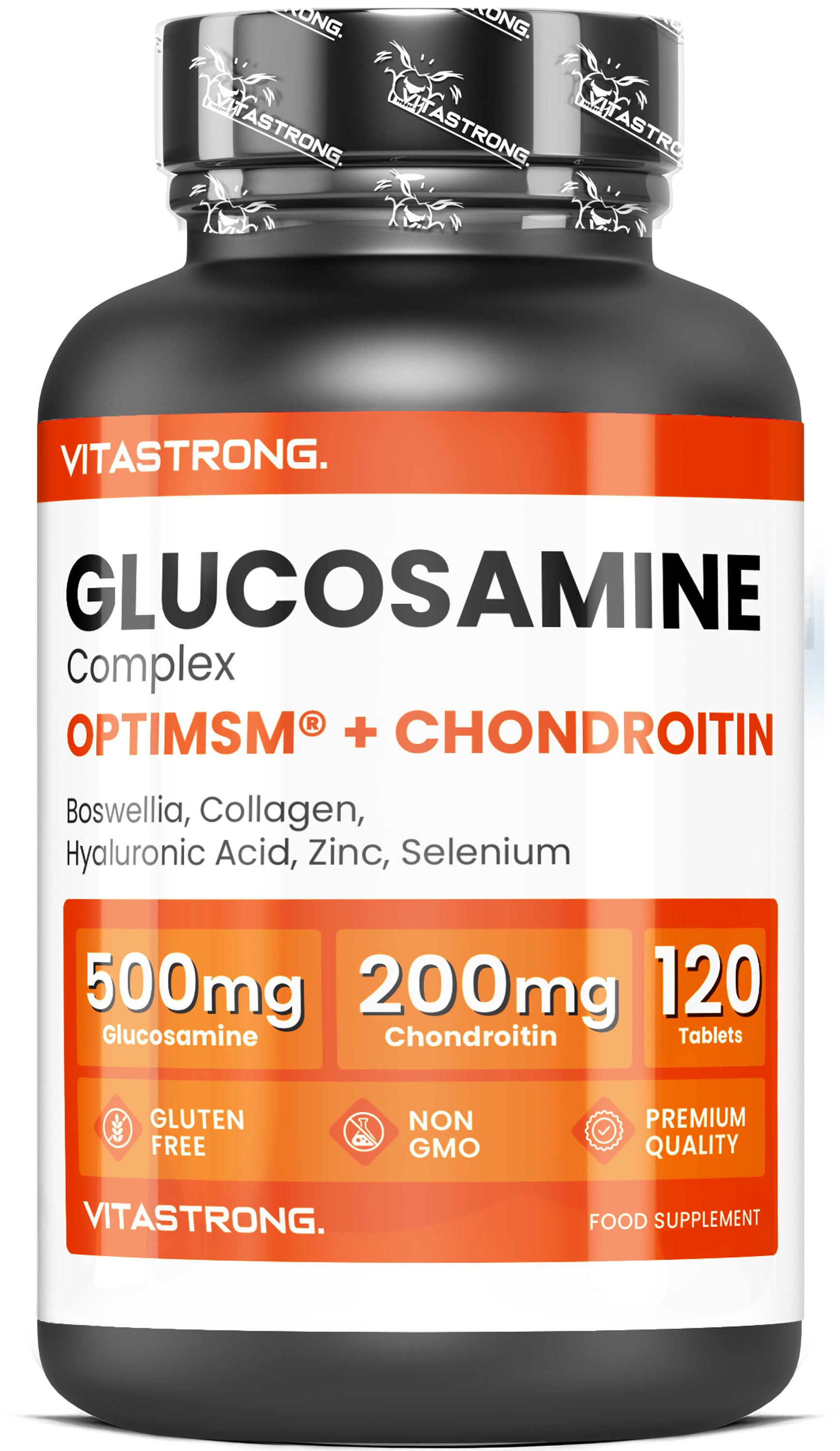 Vitastrong Glucosamin Complex fles met etiket waarop 500mg Glucosamine, 200mg Chondroïtine, 120 tabletten staat.