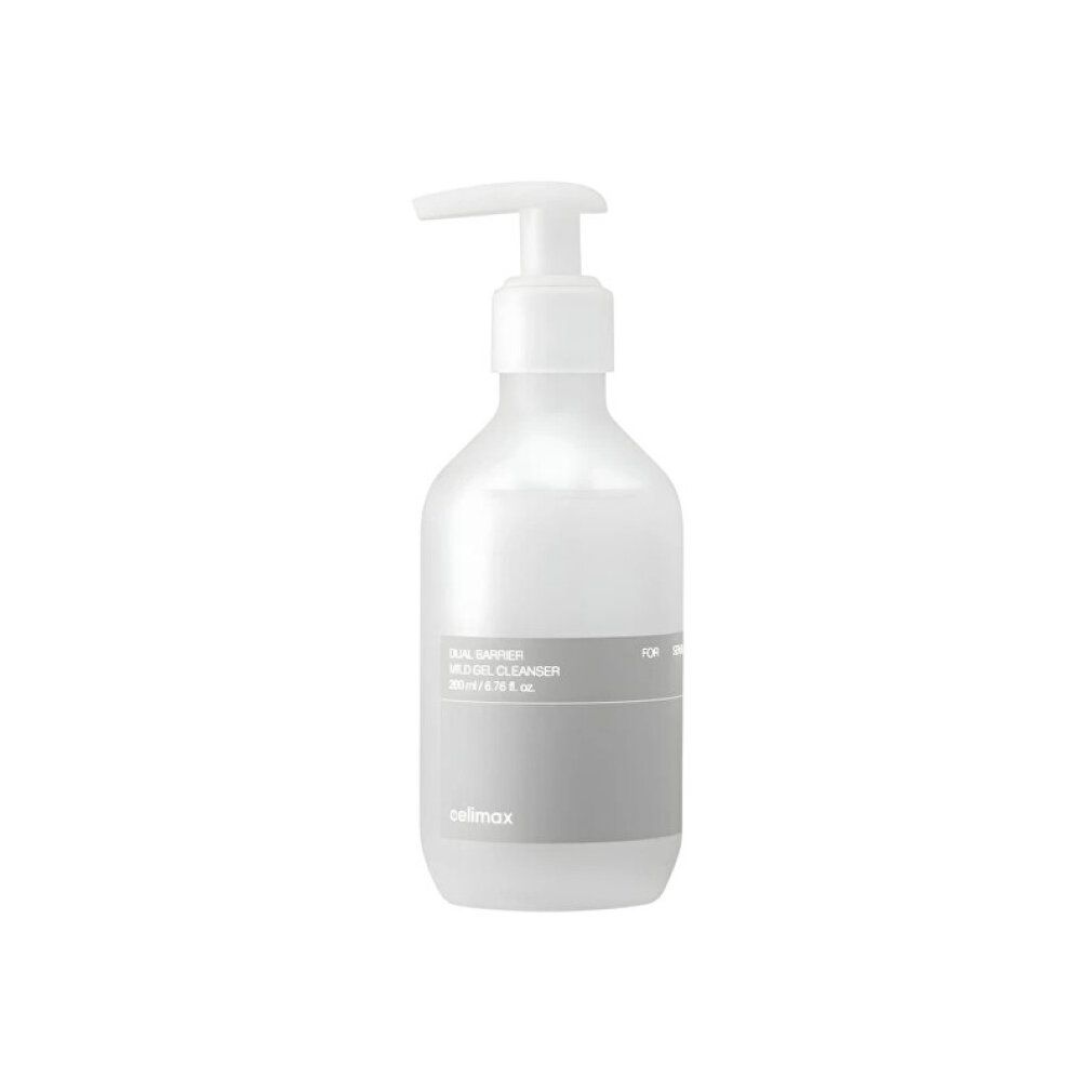 Celimax Dual Barrier Mild Gel Cleanser dans un flacon pompe blanc.