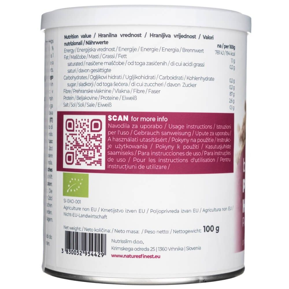 Nature's Finest Flohsamenschalen Pulver Bio : Arrière de la boîte avec informations nutritionnelles et code-barres, 100g.