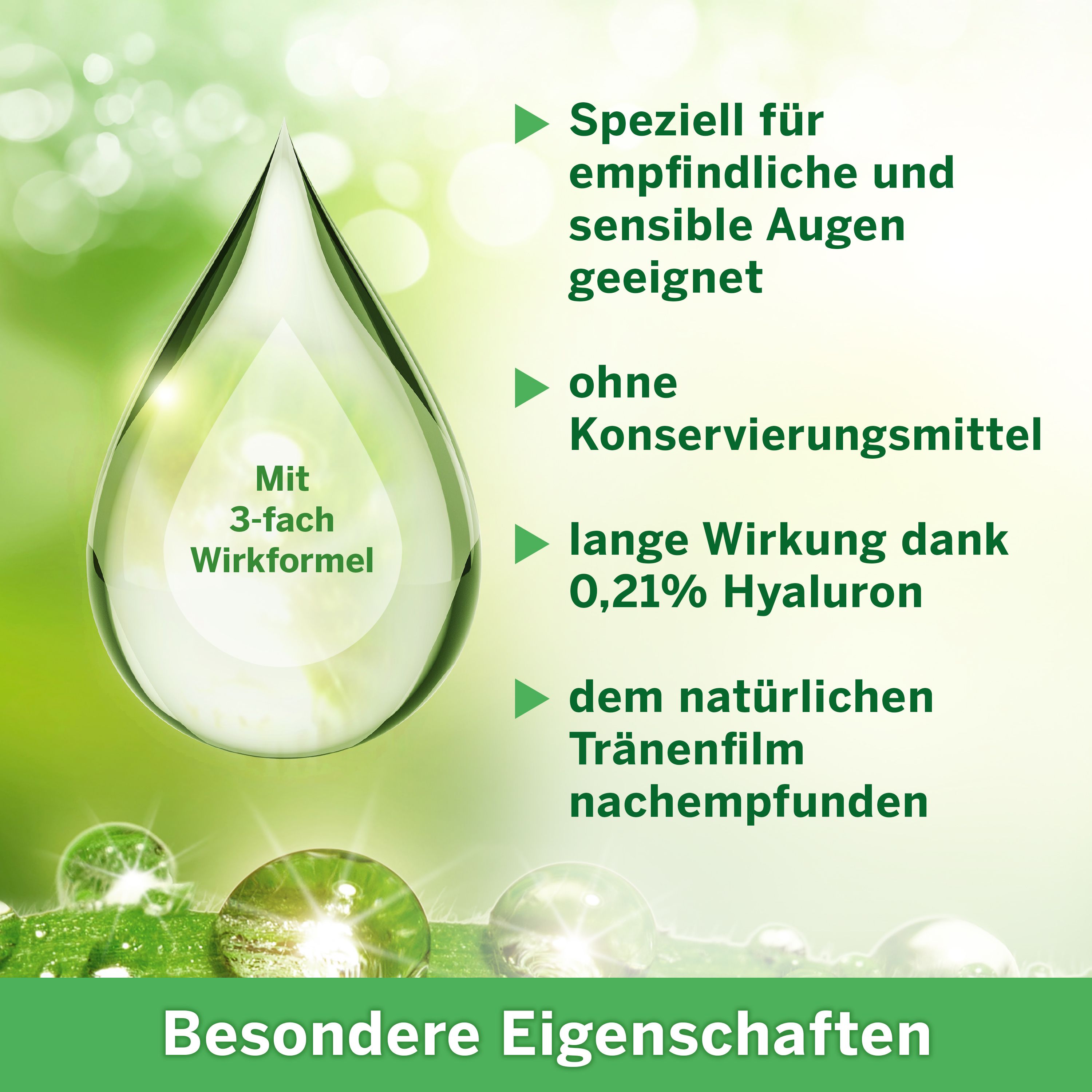 Ocuvers Drops Relief : grande illustration de goutte d'eau avec texte sur formule triple action et hyaluron.