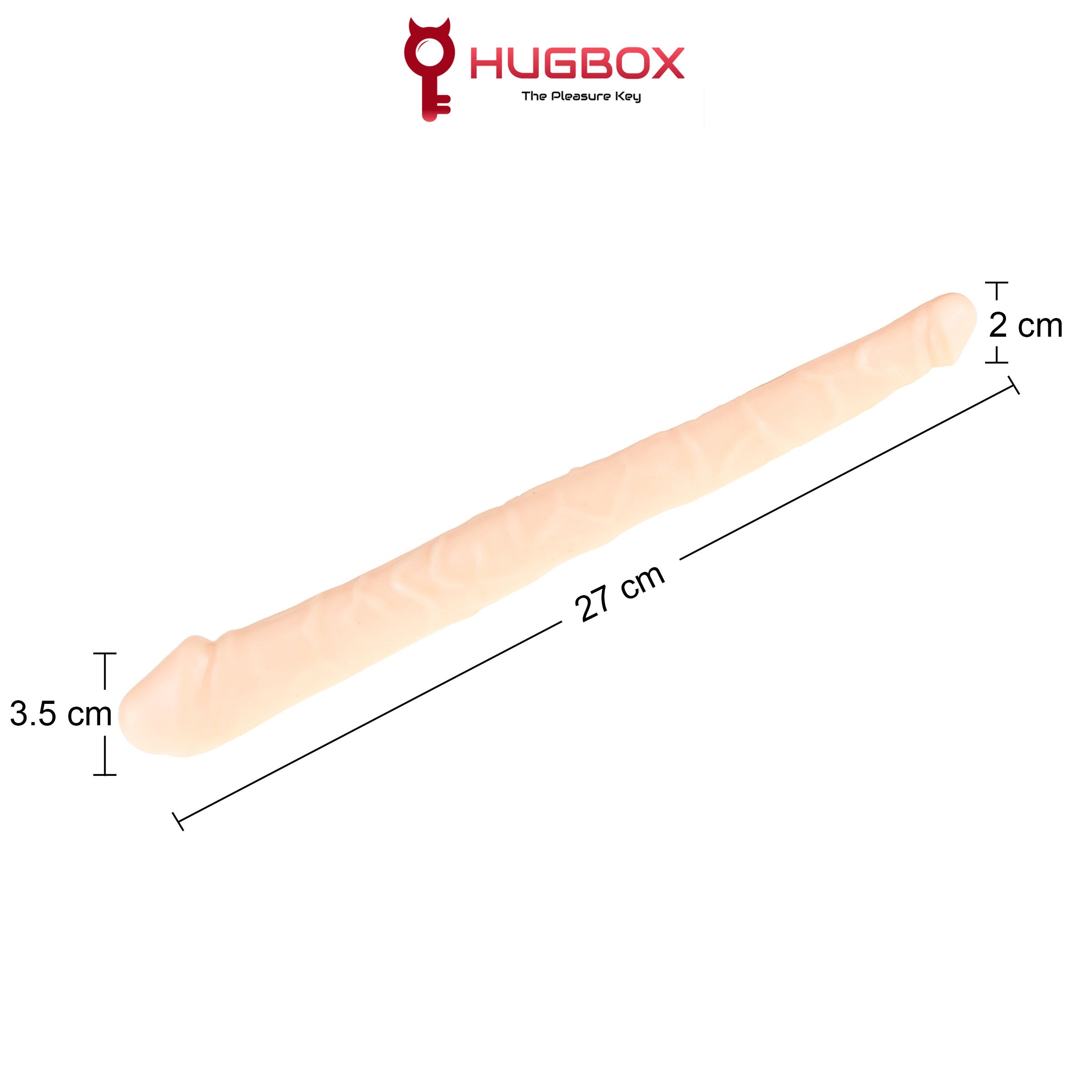 Sextoy beige, allongé, avec mesures : 27 cm de long, 3,5 cm et 2 cm de large. Logo HUGBOX.
