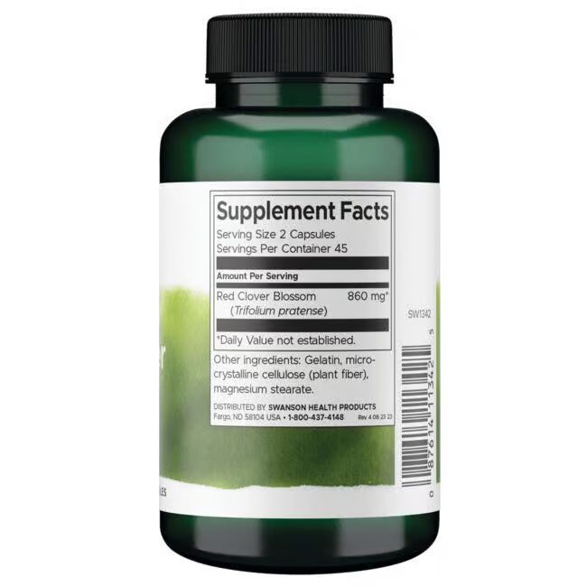Dos de la bouteille verte. Inscription: Supplement Facts, Red Clover Blossom, 860 mg, ingrédients, 45 portions.
