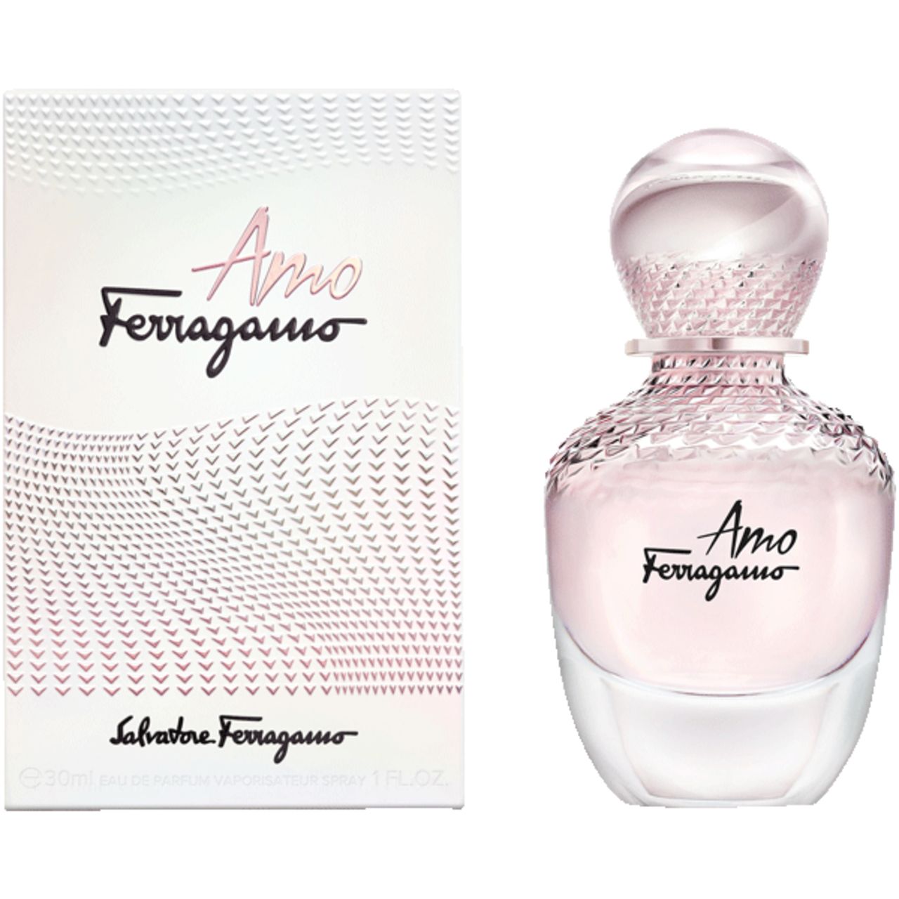 Flacon et emballage Salvatore Ferragamo Amo Eau de Parfum, tous deux avec des accents roses.