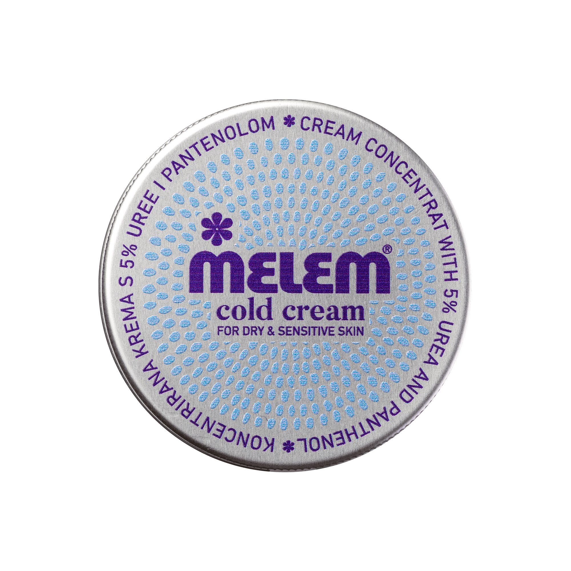 Pot rond avec couvercle argenté. Logo violet et texte MELEM cold cream. Pour peaux sèches et sensibles.