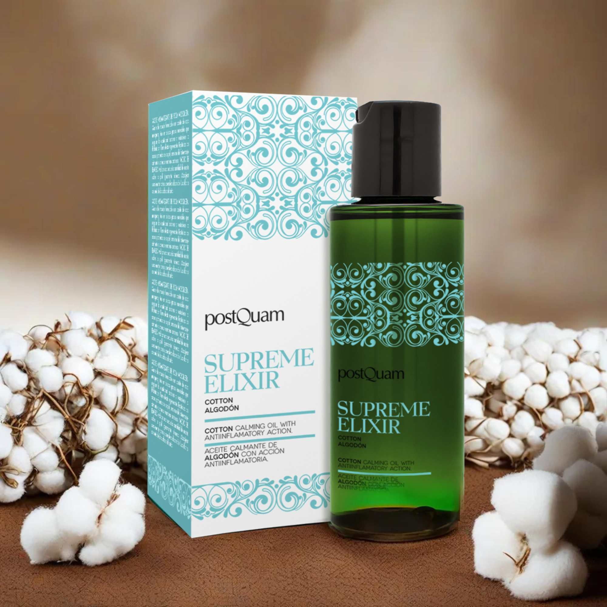 Flacon vert avec bouchon noir et emballage. Fleurs de coton. Inscription 'Supreme Elixir' et 'Cotton'.