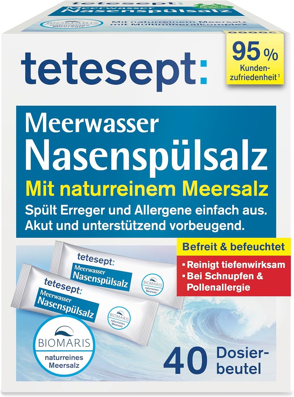 Emballage tetesept Meerwasser Nasenspülsalz. Contient 40 sachets. Texte: Avec du sel marin naturel. Soulage et hydrate. 95% de satisfaction.