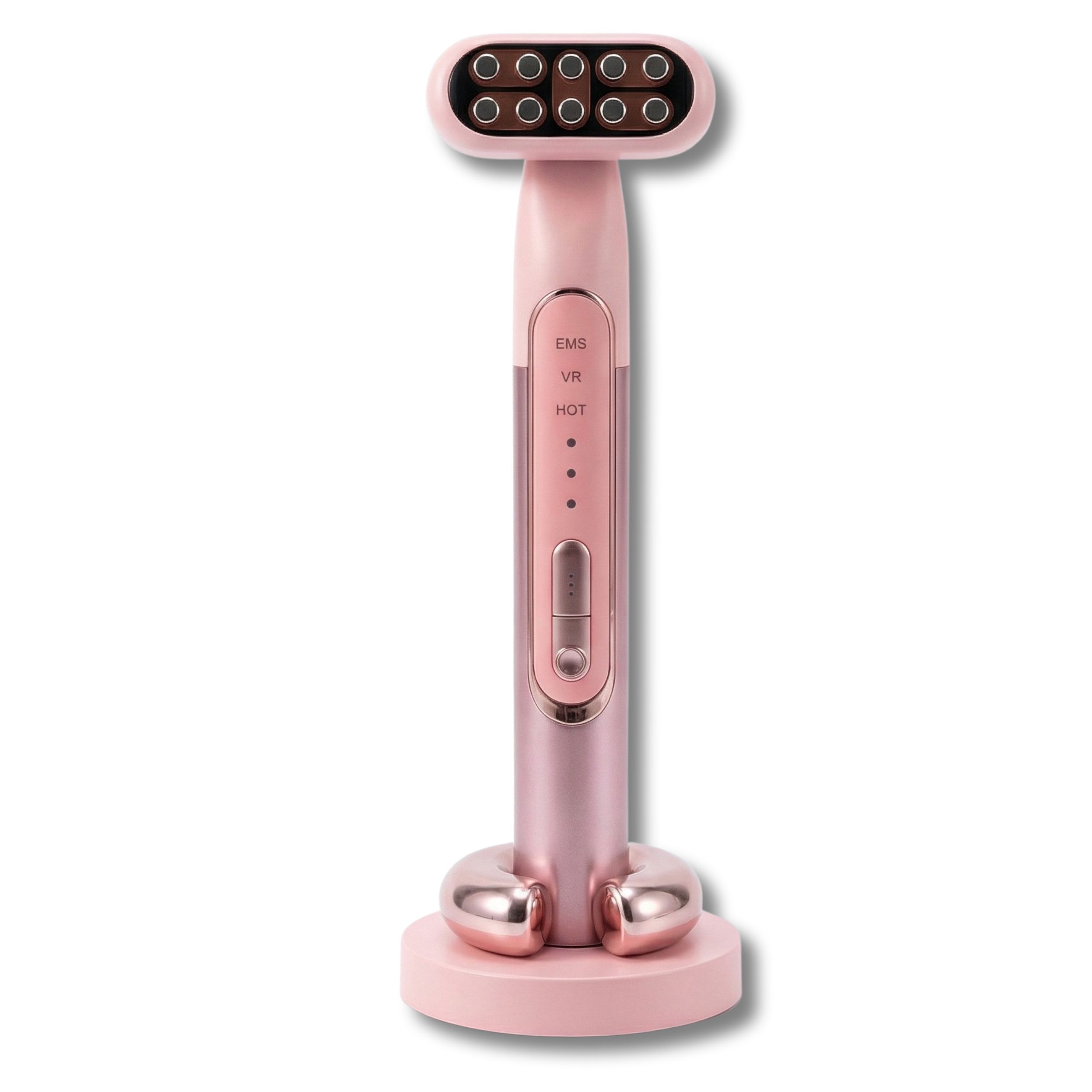 Appareil de soin rose sur un support. L'appareil a une poignée allongée et une tête avec plusieurs lumières.