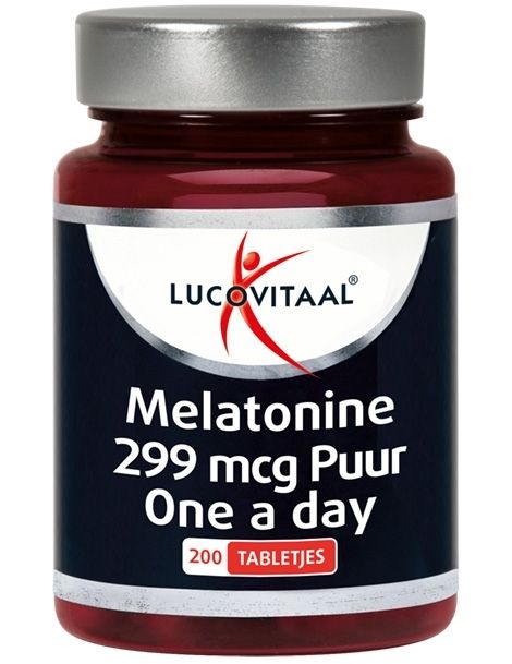Bruine tablettenfles met zilveren dop. Bevat melatonine tabletten. Logo en productinformatie.