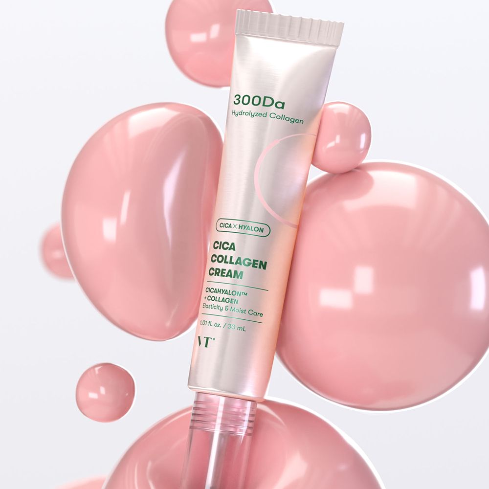 Tube de crème Cica Kollagen. Tube rose avec texte blanc. 300Da, Cica Hyalon, collagène, logo VT.
