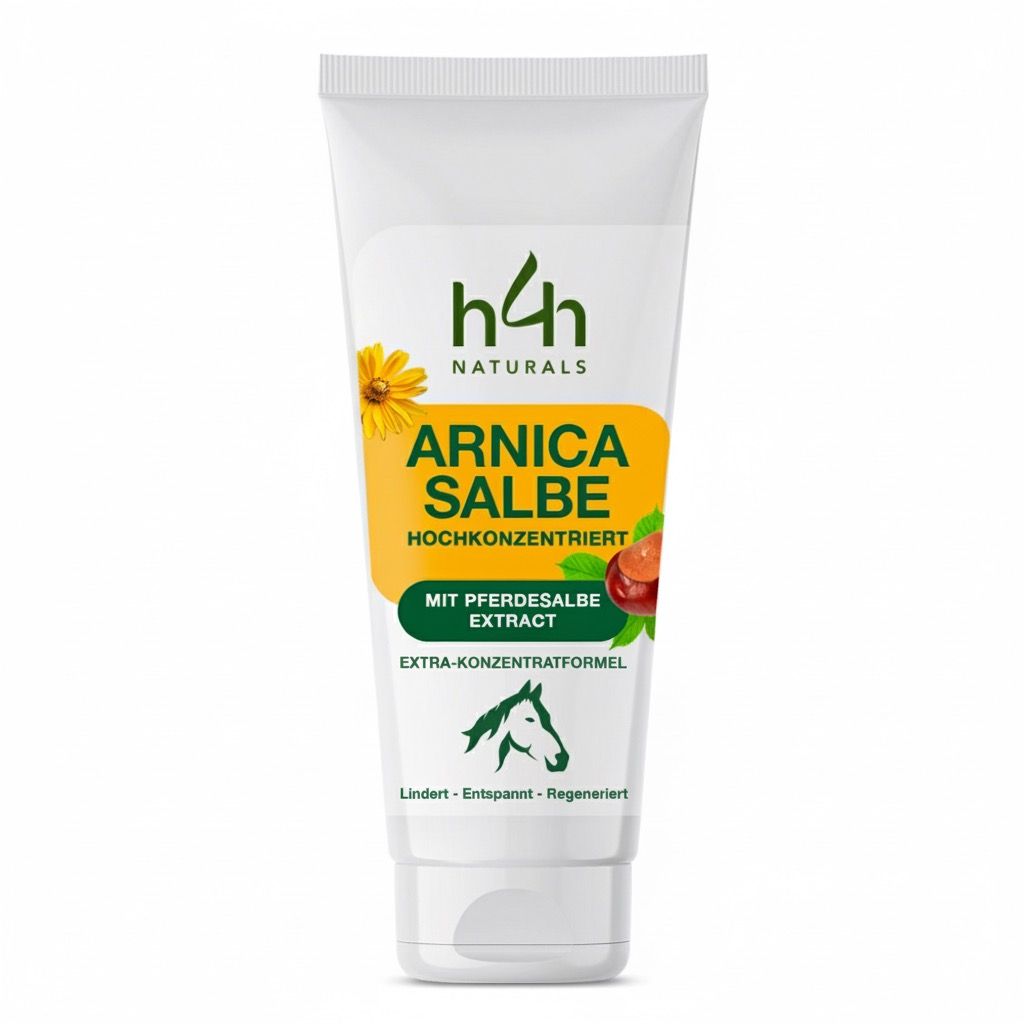 Witte tube Arnika Salbe, h4h Naturals. Tekst: Hooggeconcentreerd, met Pferdesalbe extract. Logo: Paard.