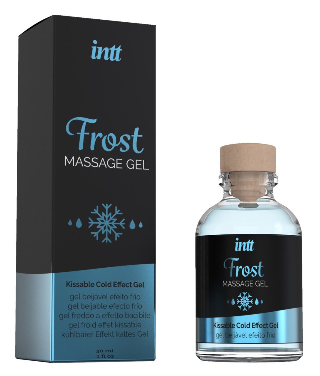 Fles en doosje Intt Frost massagegel. Verkoelend effect.
