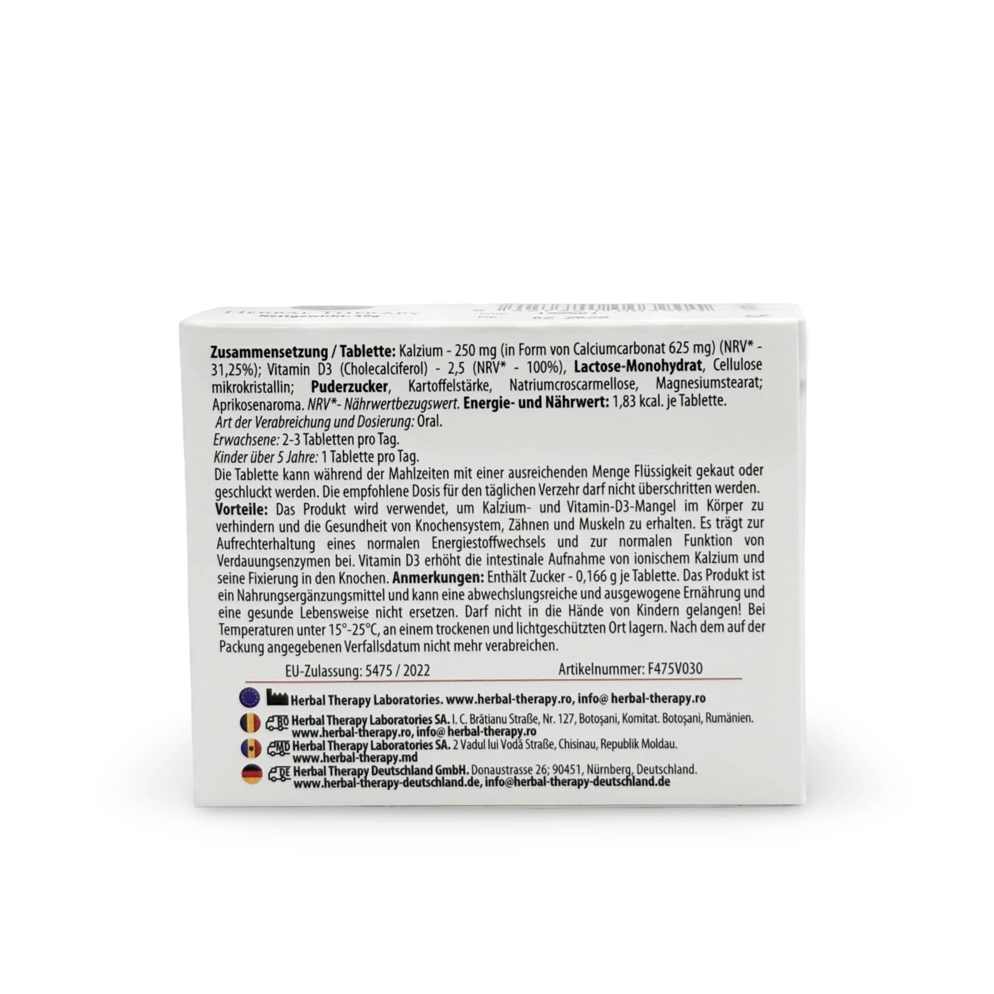 Dos de la boîte du produit. Contient des informations sur les ingrédients, le dosage et le fabricant. Agrément UE.