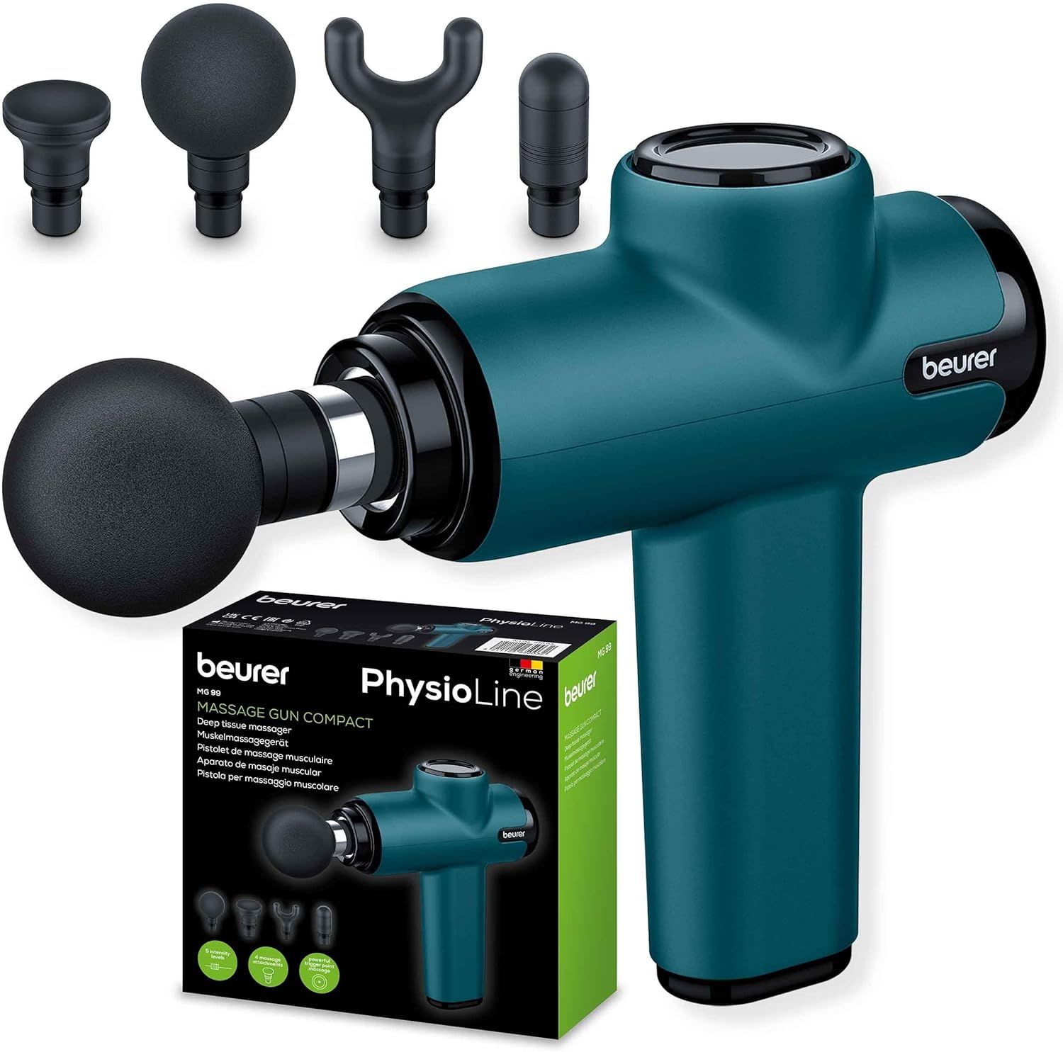 Pistolet de massage vert avec accessoires et emballage. Logo Beurer. L'emballage montre le produit et les accessoires. Texte: PhysioLine Massage Gun Compact.