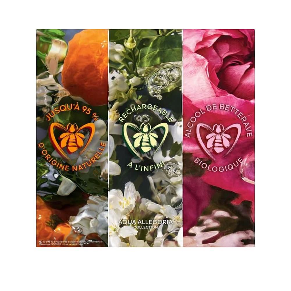 Drie verticale afbeeldingen met sinaasappel, bloemen en rozen. Tekst: Jusqu'à 95% d'origine naturelle, Rechargeable à l'infini, Alcool de betterave biologique.