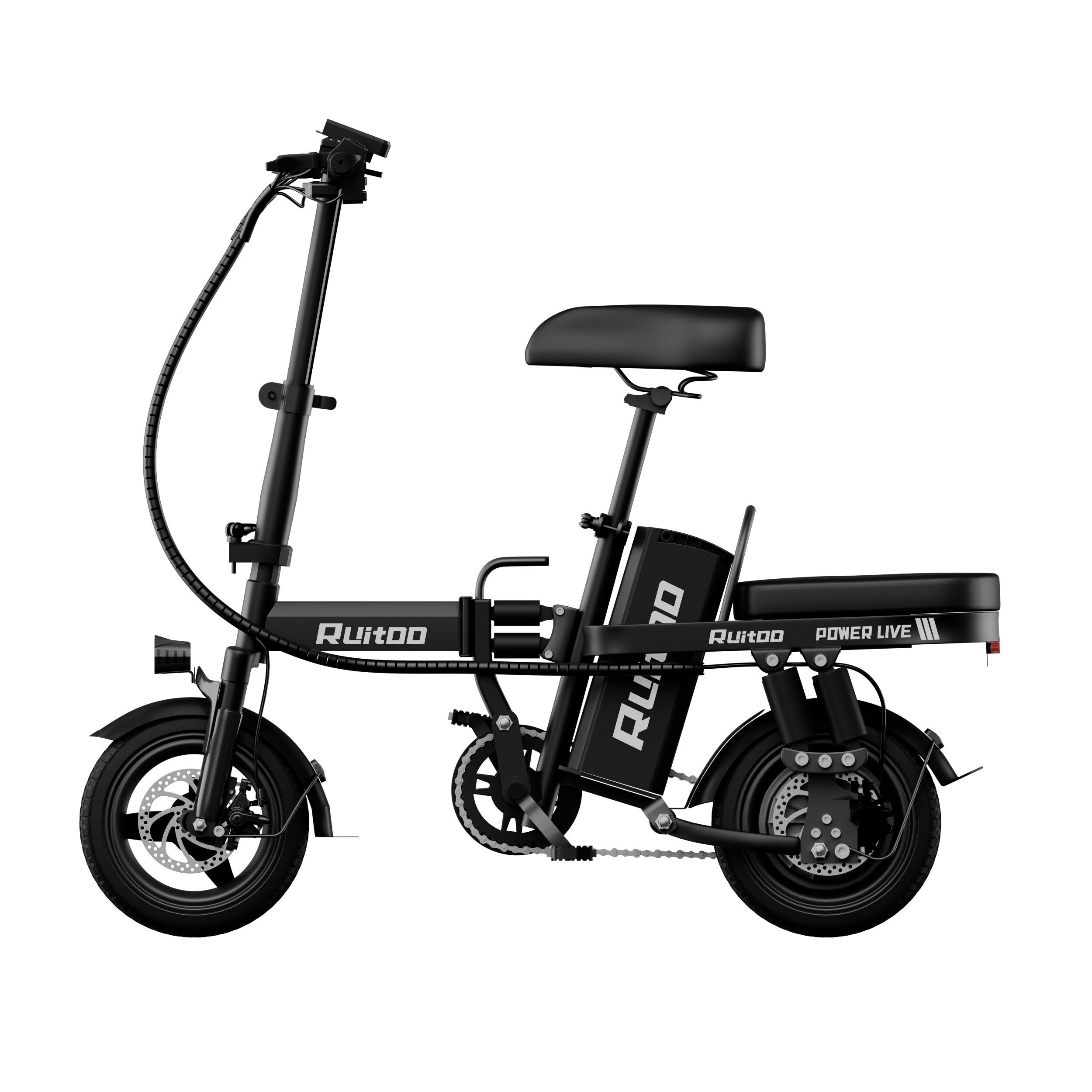 Vélo électrique pliable noir, vue latérale. Roues, selle, batterie, guidon visibles. Marque : Ruitoo.