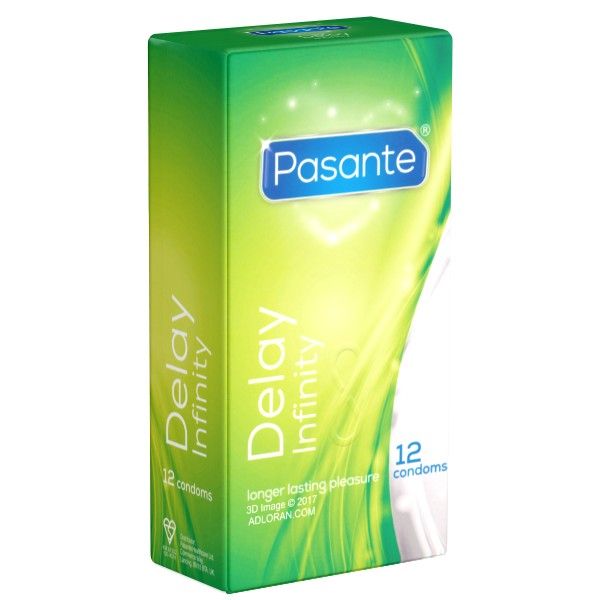 Groene doos met Pasante-logo en "Delay Infinity". Bevat 12 condooms.