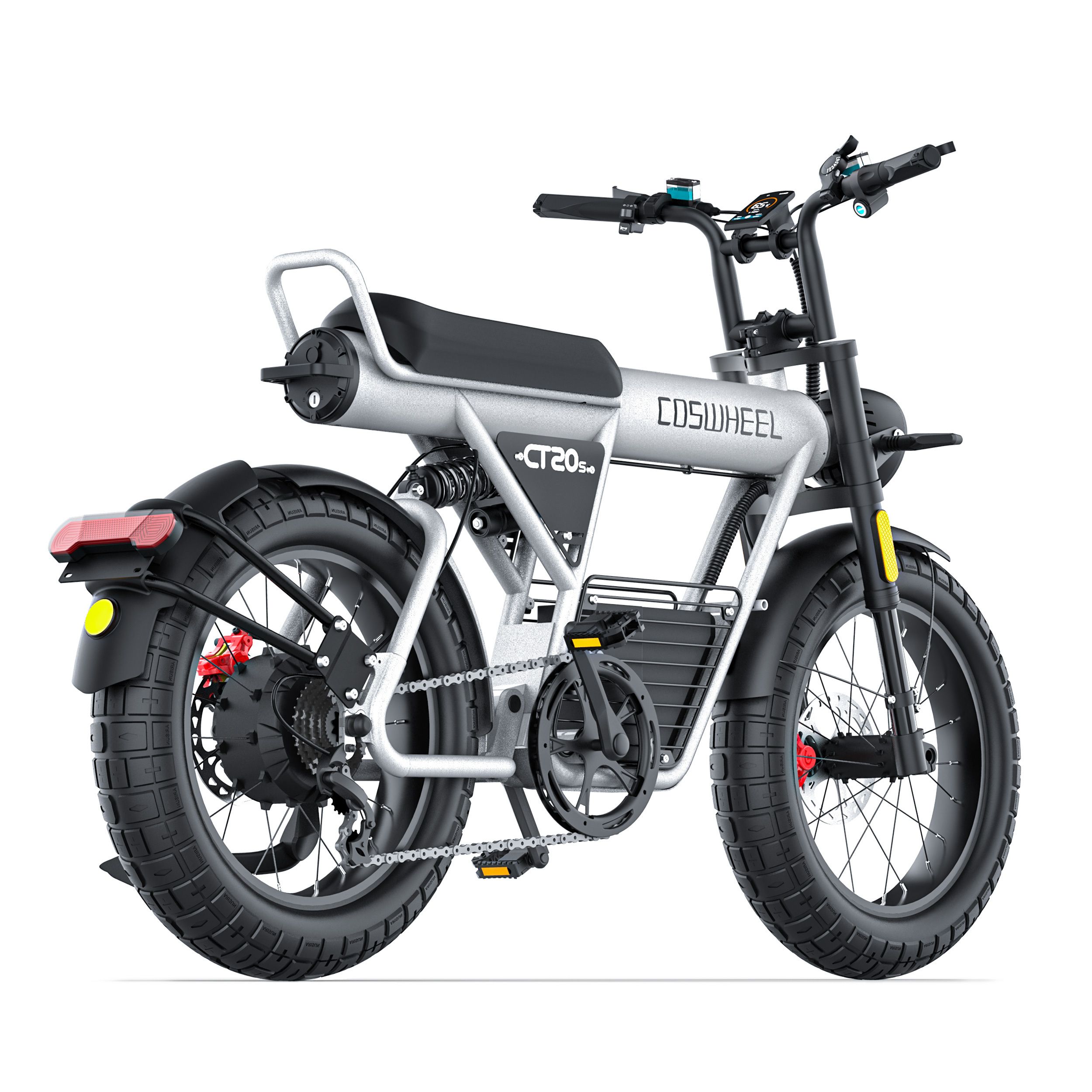 Zilveren elektrische dirtbike, zwarte banden, opschrift "COSWHEEL", "CT20S", koplamp, spatborden.
