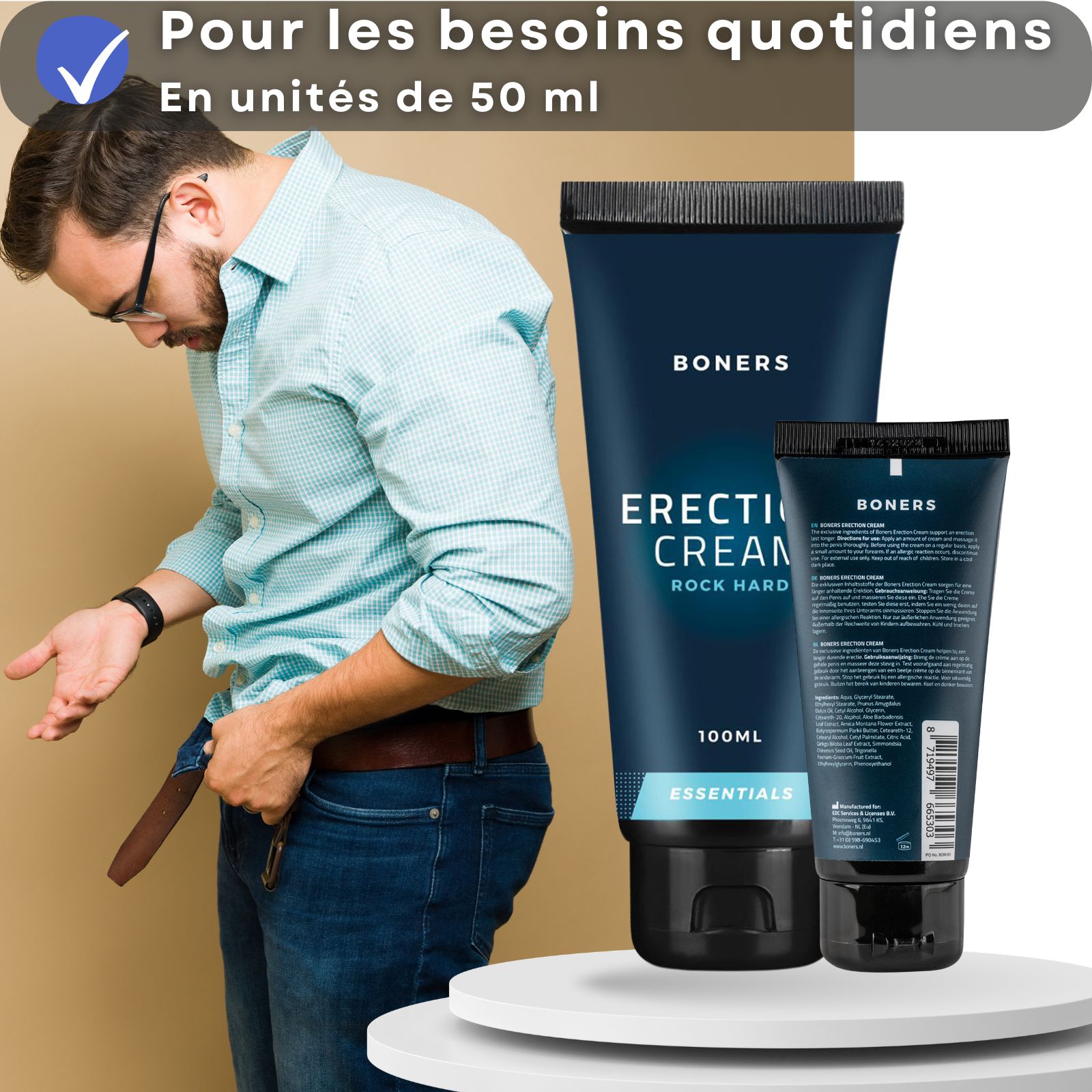 Tube de produit et panneau de texte. Homme avec les mains dans l'entrejambe en arrière-plan. Tube ouvert.