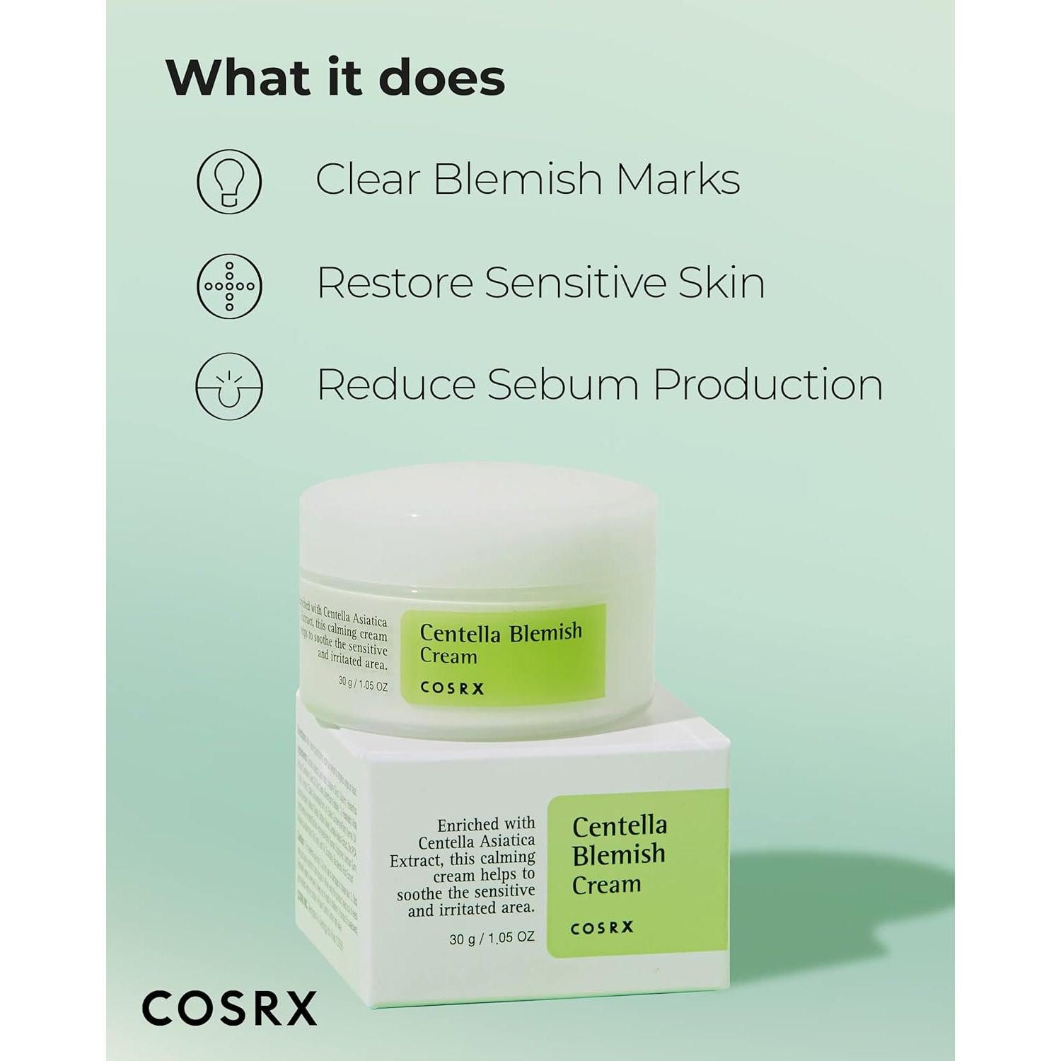 Crèmepot en doos. Tekst: Centella Blemish Cream, COSRX. Opschrift: 30 g / 1,05 OZ. Op de doos: tekst.
