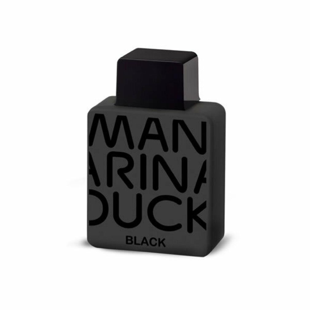Flacon noir Mandarina Duck Pure Black Eau de Toilette avec logo imprimé.