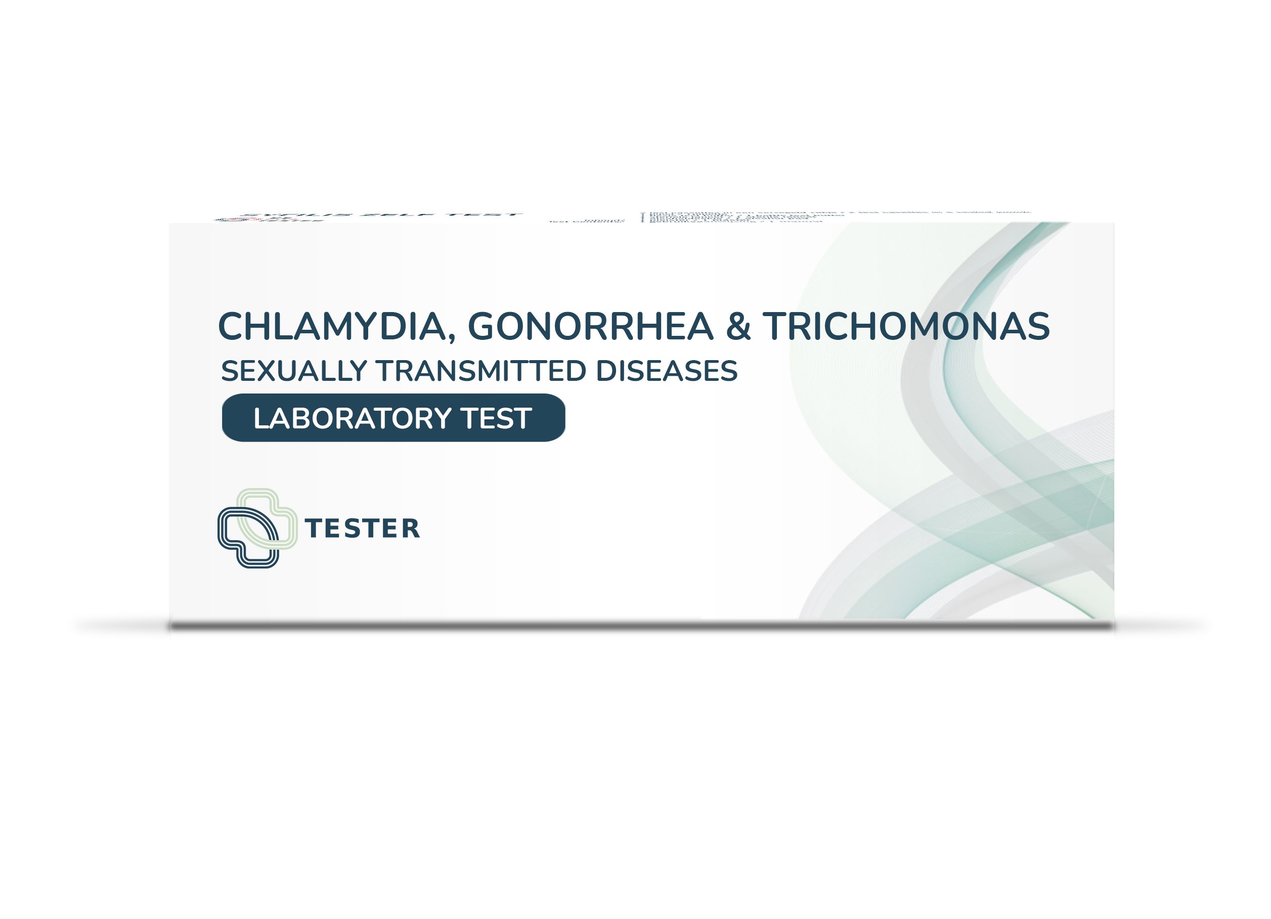 Boîte blanche avec texte: Chlamydia, Gonorrhée & Trichomonas. Test de laboratoire. Logo et texte Tester.