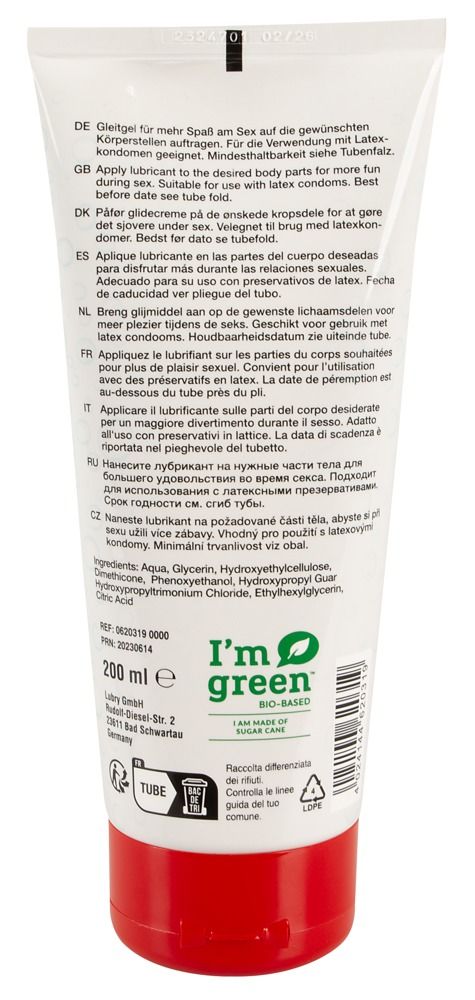 Tube avec bouchon rouge, ouvert. Le gel coule. Inscription : flutschi PROFESSIONAL. Hybrid-Gel.