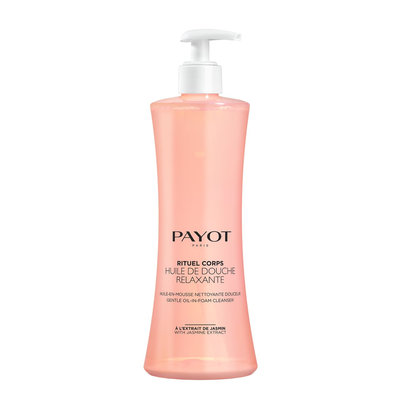 Flacon rose Payot, huile de douche. Pompe blanche. Inscription du nom et du texte du produit.