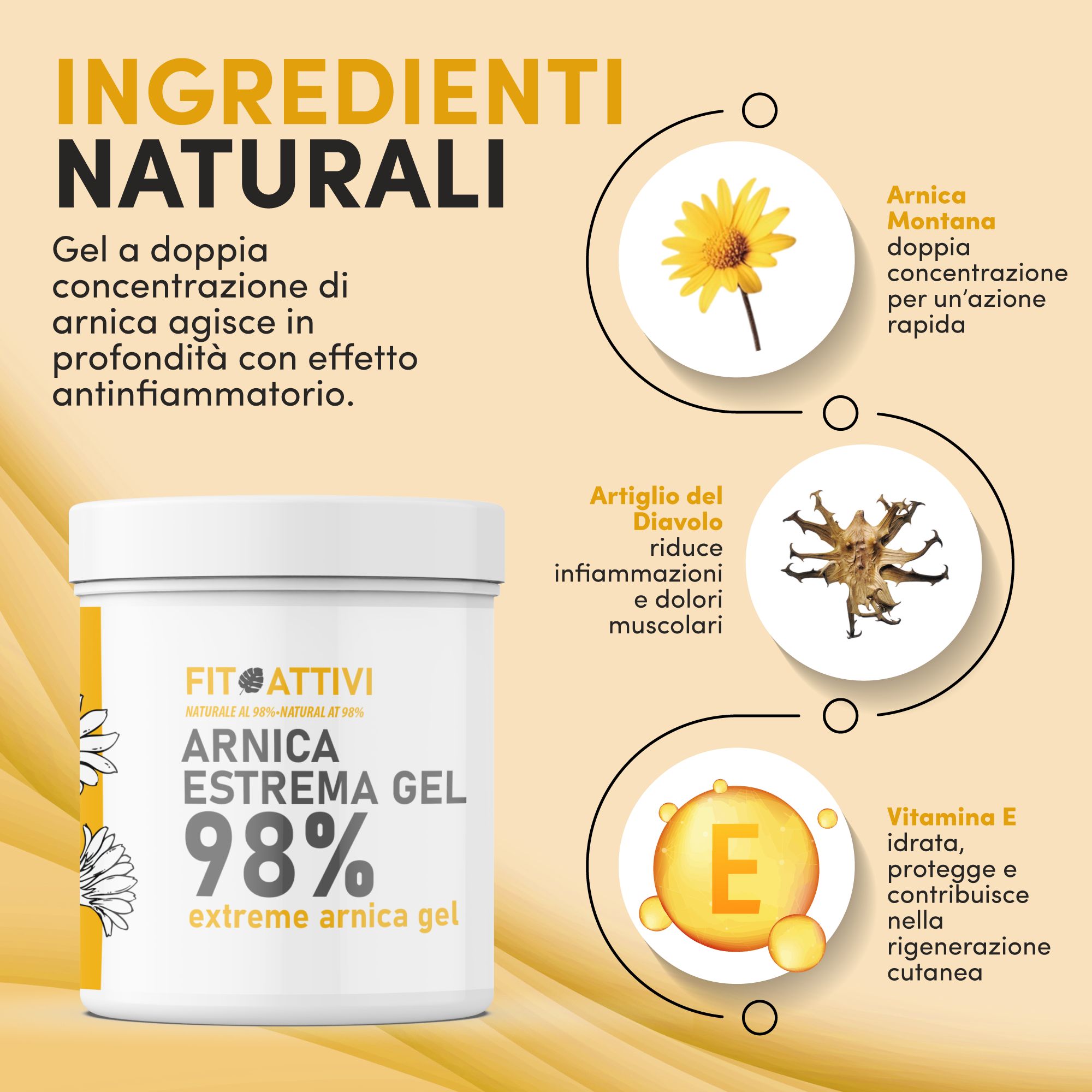 Witte pot Fitoattivi Arnica Extreem 98% Gel. Ingrediënten: Arnica, duivelsklauw, vitamine E. Gel met dubbele arnica concentratie.