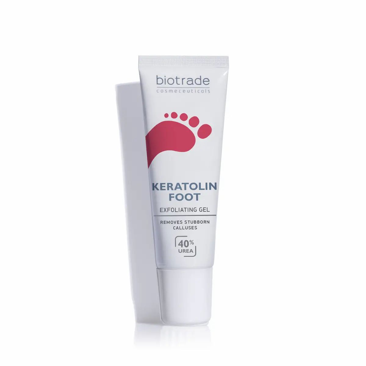 Tube blanche avec empreinte de pied rouge et texte. Contient "Keratolin Foot" et "40% Urea".