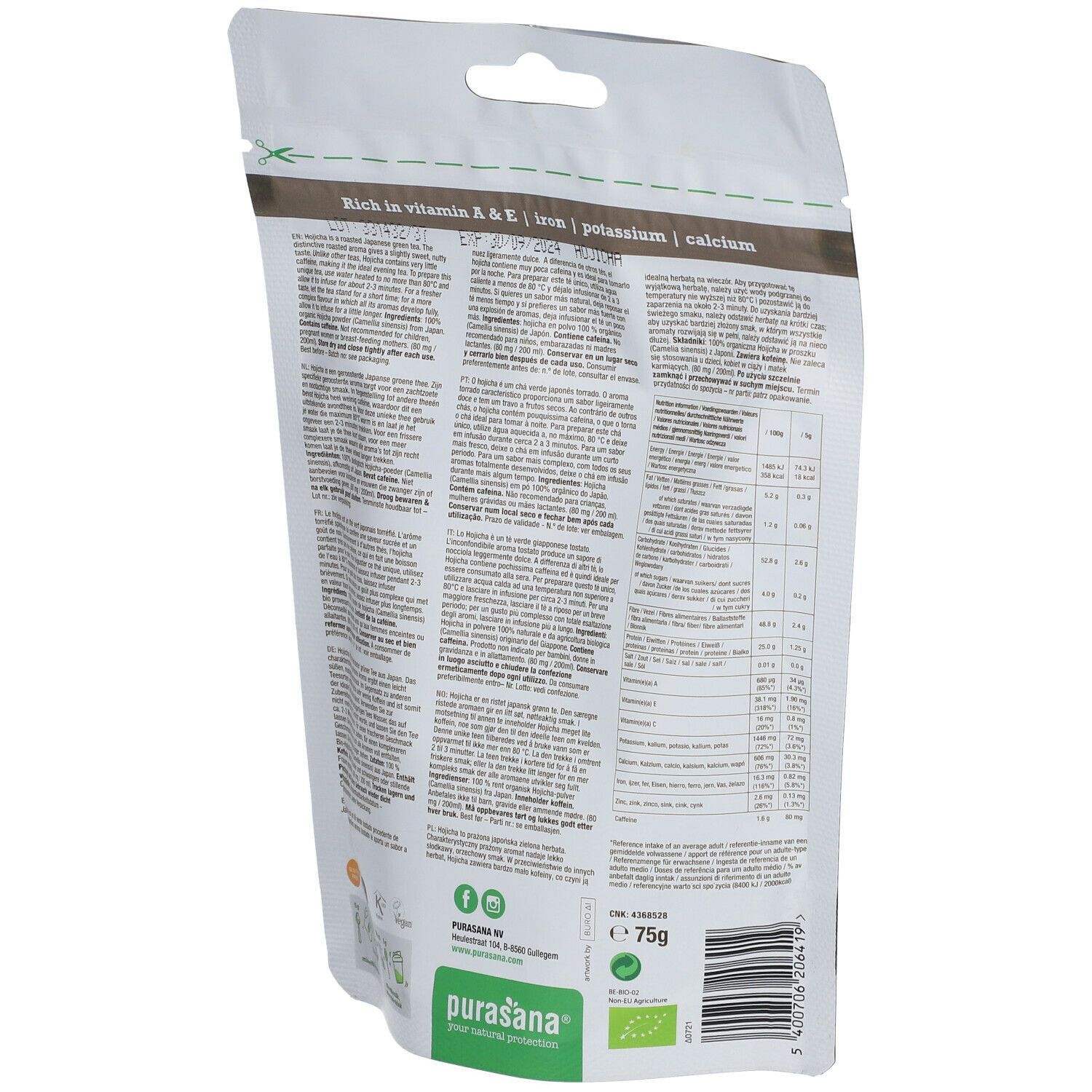 Achterkant van de Hojicha-poederverpakking. Tekst: voedingswaarden, ingrediënten. Logo: purasana®.
