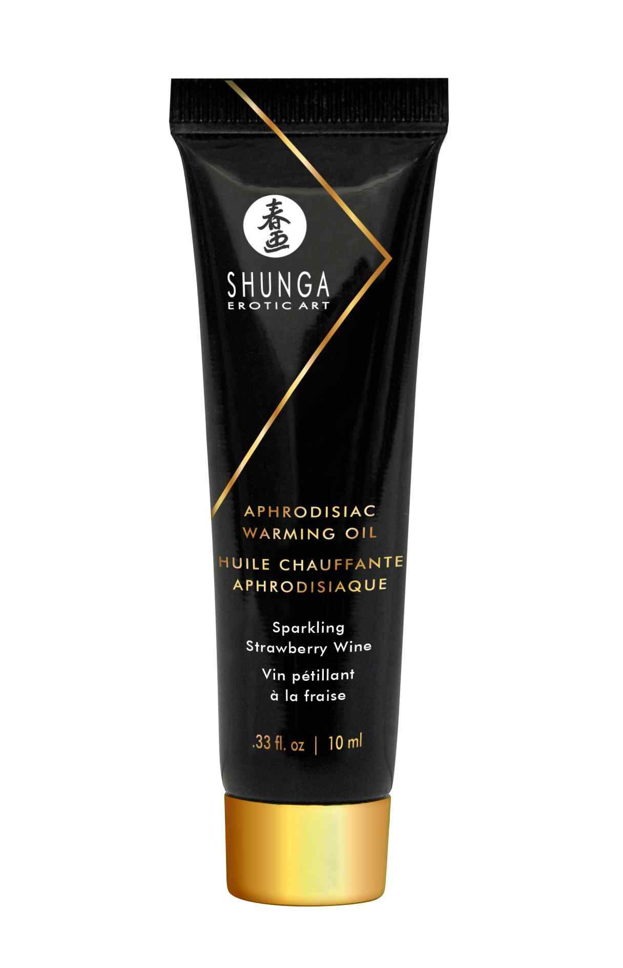 Tube noir à bouchon doré. Texte : Aphrodisiac Warming Oil, Sparkling Strawberry Wine. Marque : Shunga.