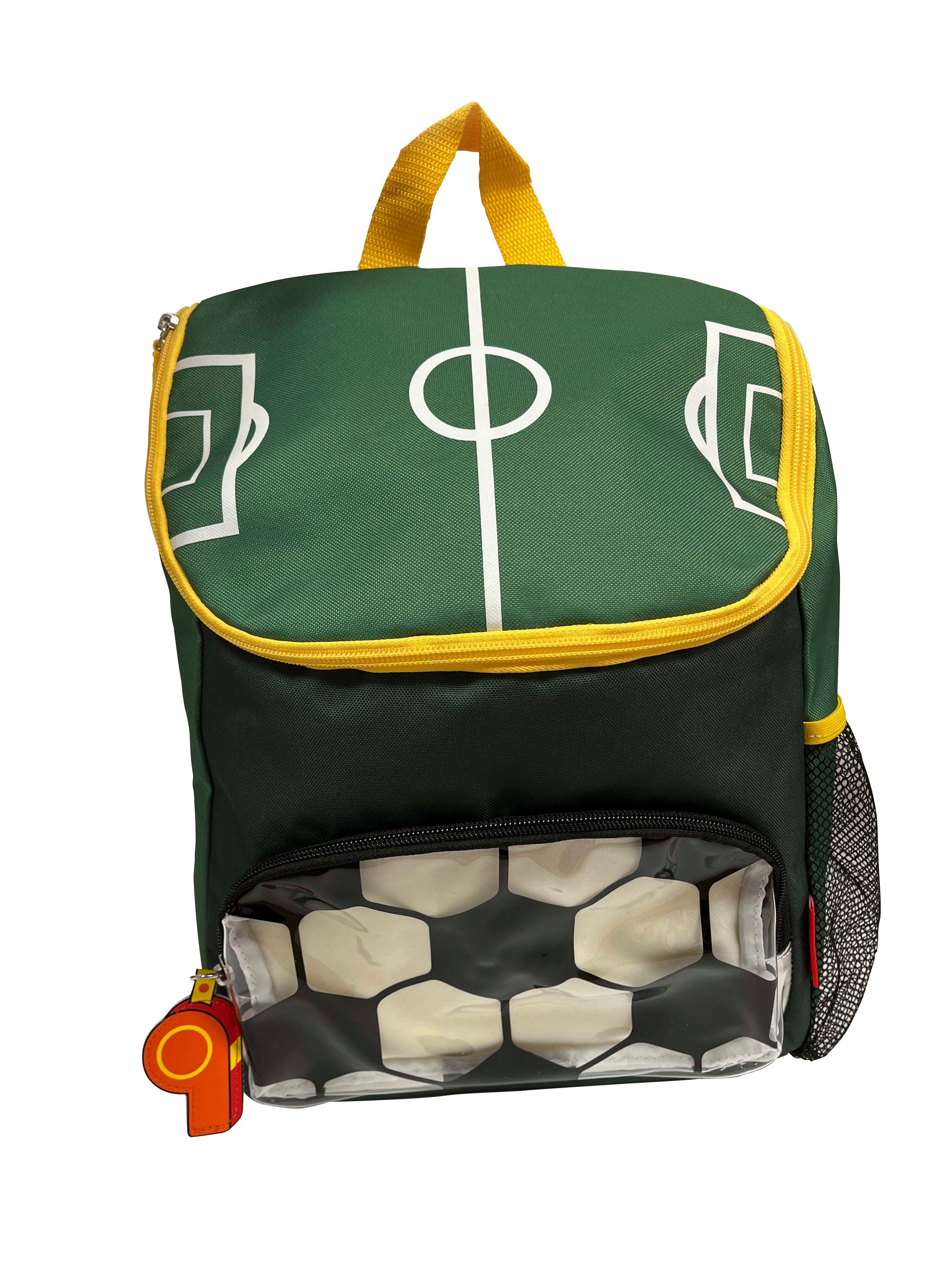 Groene rugzak met voetbalveld ontwerp. Gele accenten, zwarte bodem, transparante zak met voetbalprint. Fluit-hanger.