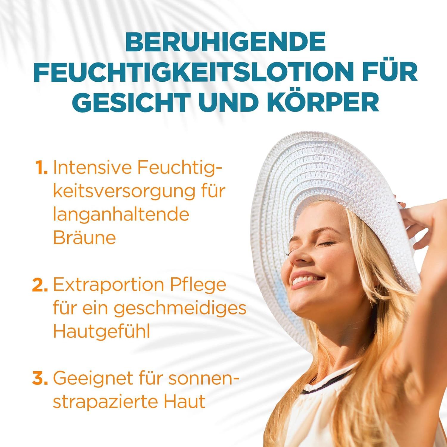 Lotion hydratante visage et corps. Femme avec chapeau. Texte: Hydratation intense, peau souple, peau après-soleil.