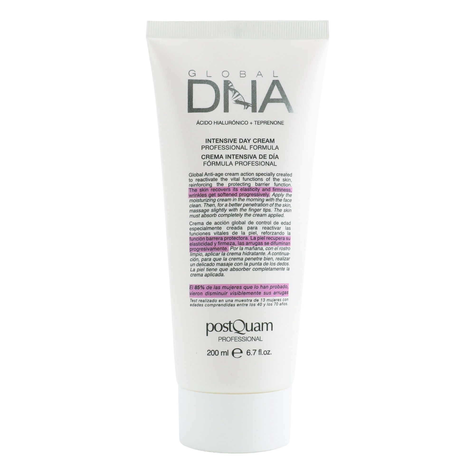 Witte tube met tekst. Opschrift: Global DNA, Intensive Day Cream. Merk: Postquam. Volume: 200 ml.