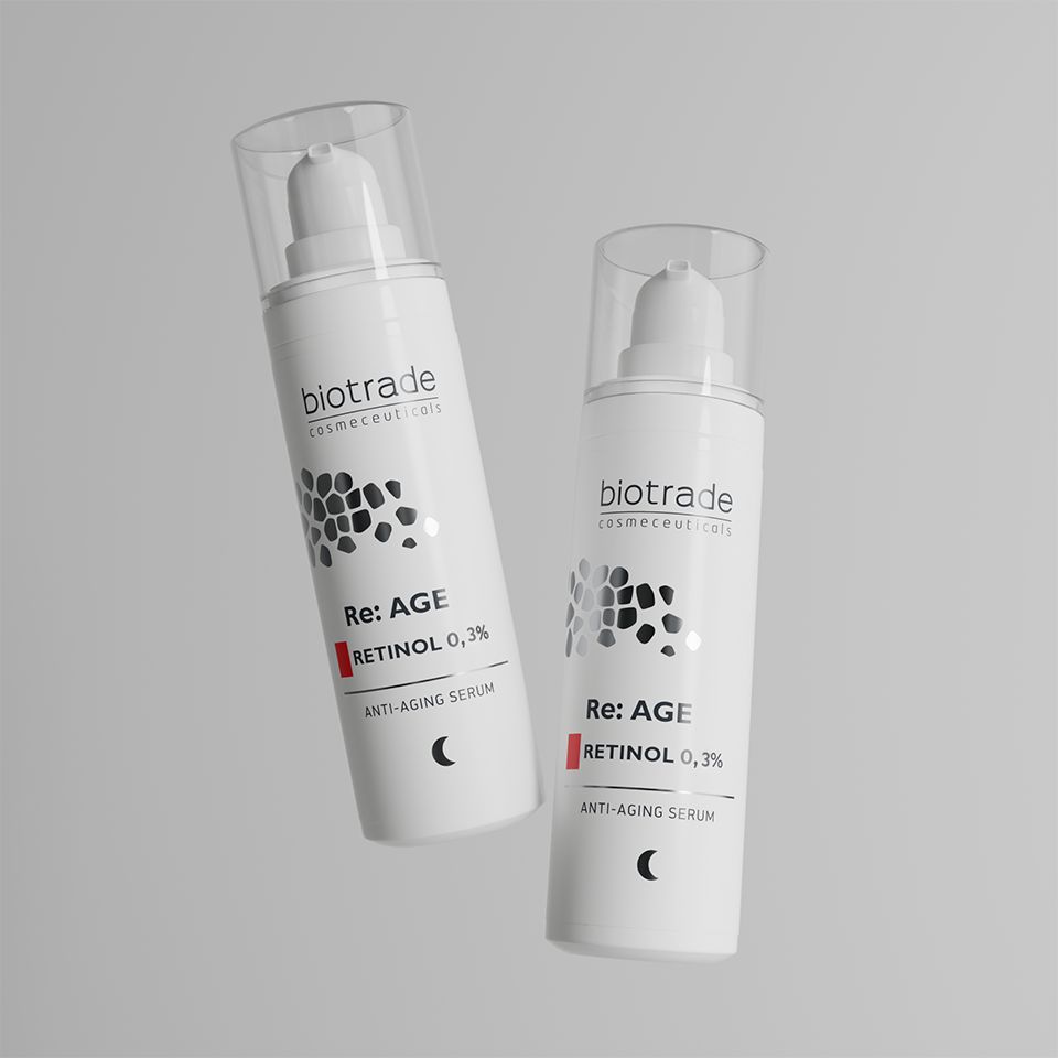 Twee Biotrade Retinol 0,3% anti-aging serums in witte pompflacons.